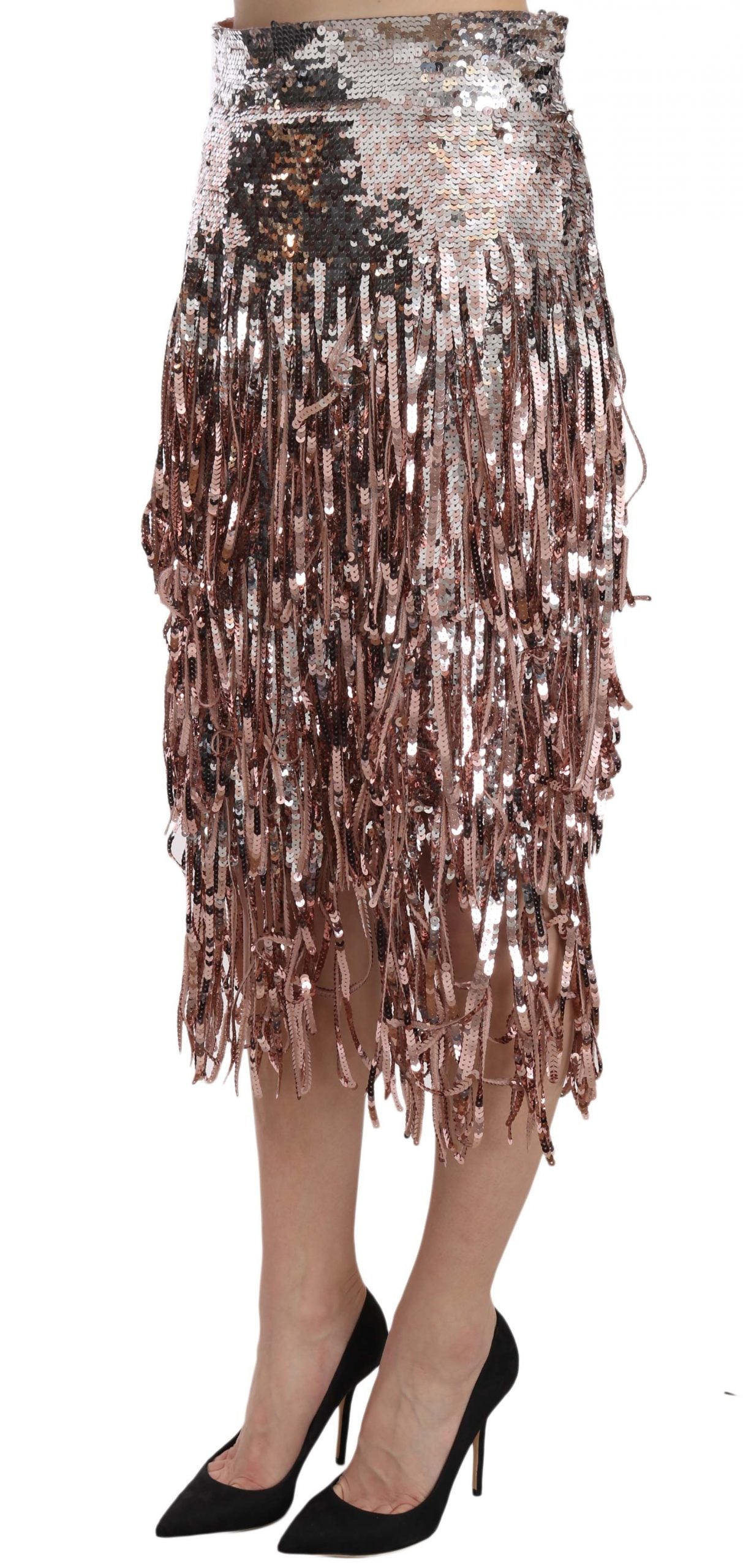 Silver sequin-covered high-waist midi skirt by Dolce & Gabbana