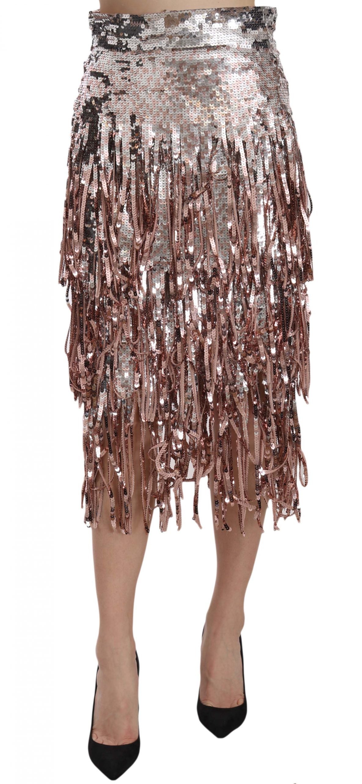 Italian craftsmanship shines in this Dolce & Gabbana Metallic Sequin Tulle High-Waist Midi Skirt