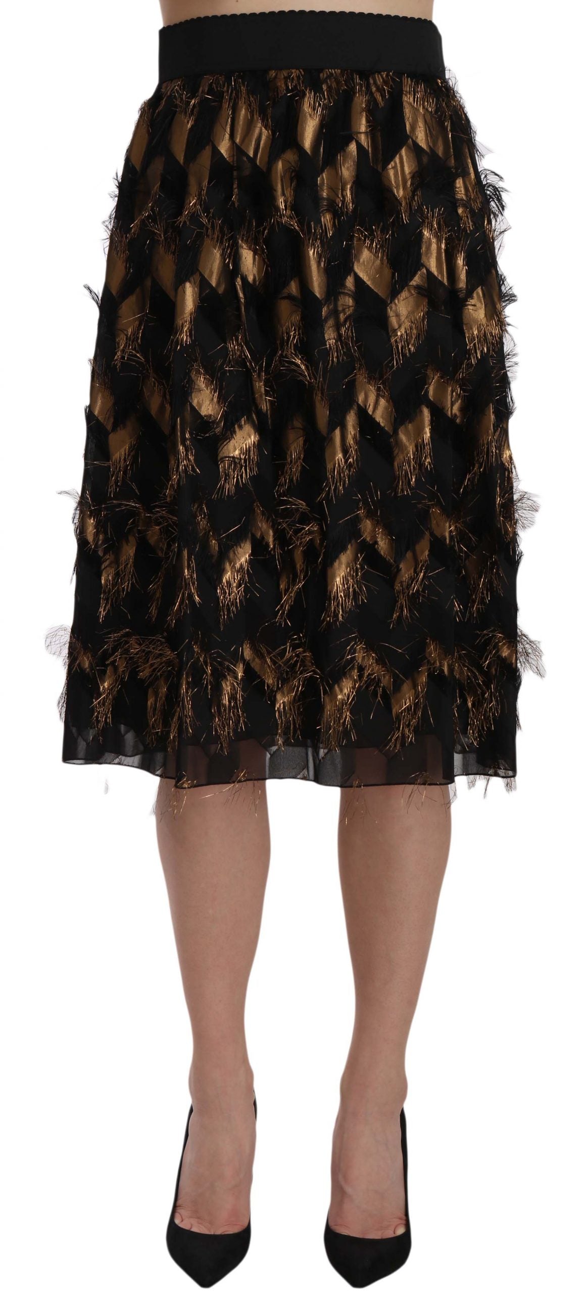 Exquisite high waist skirt crafted with 65% silk, 24% acetate, 11% polyester