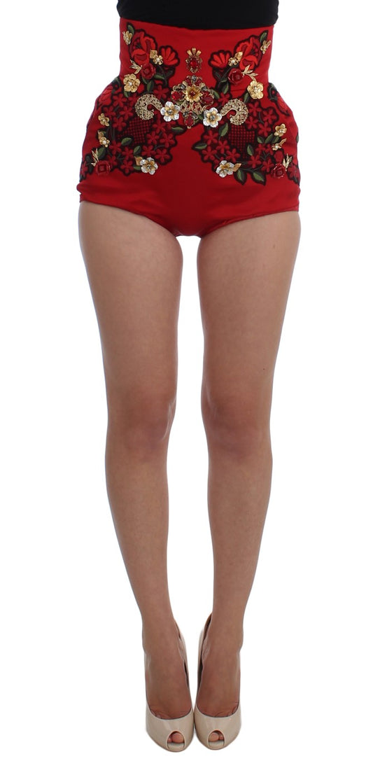 Embroidered red silk high-waisted mini shorts by Dolce & Gabbana