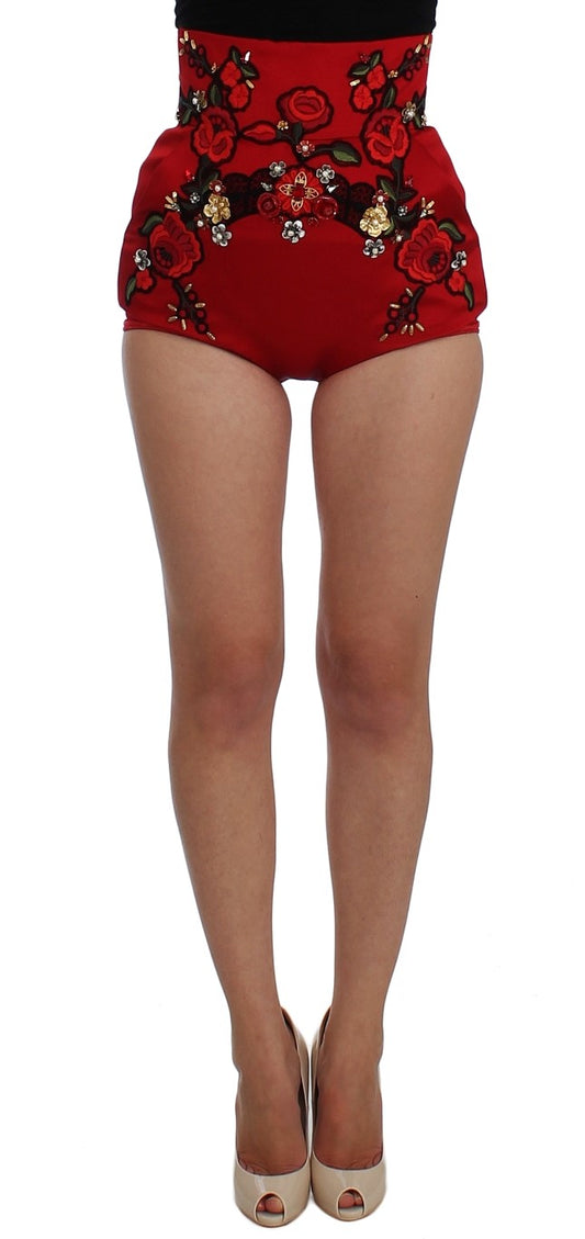 
Enchanted Sicily Crystal-Embellished Silk Shorts in ravishing red silk