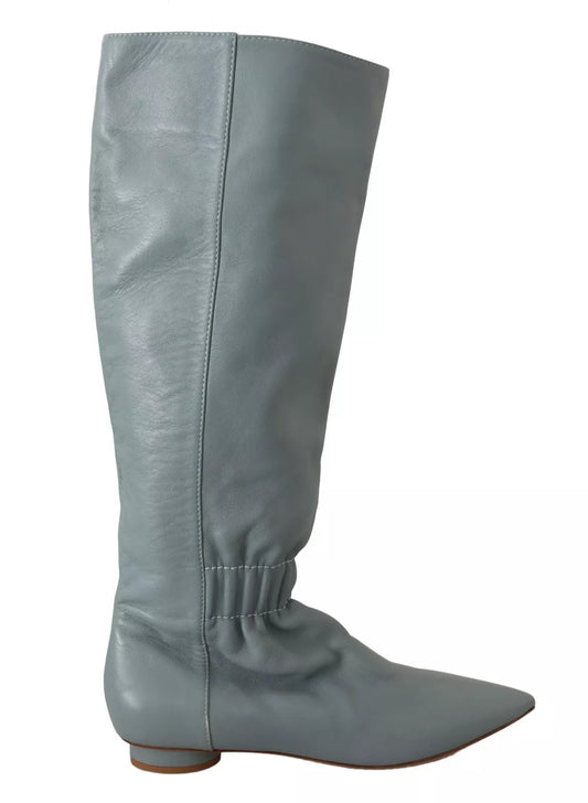 Valentino Blue Leather Elastic Flats Pull On Knee High Boots Shoes