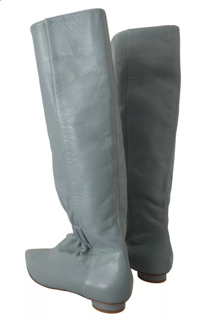 Valentino Blue Leather Elastic Flats Pull On Knee High Boots Shoes