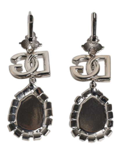 Dolce & Gabbana Silver Brass Crystal Teardrop DG Logo Clip On Earrings
