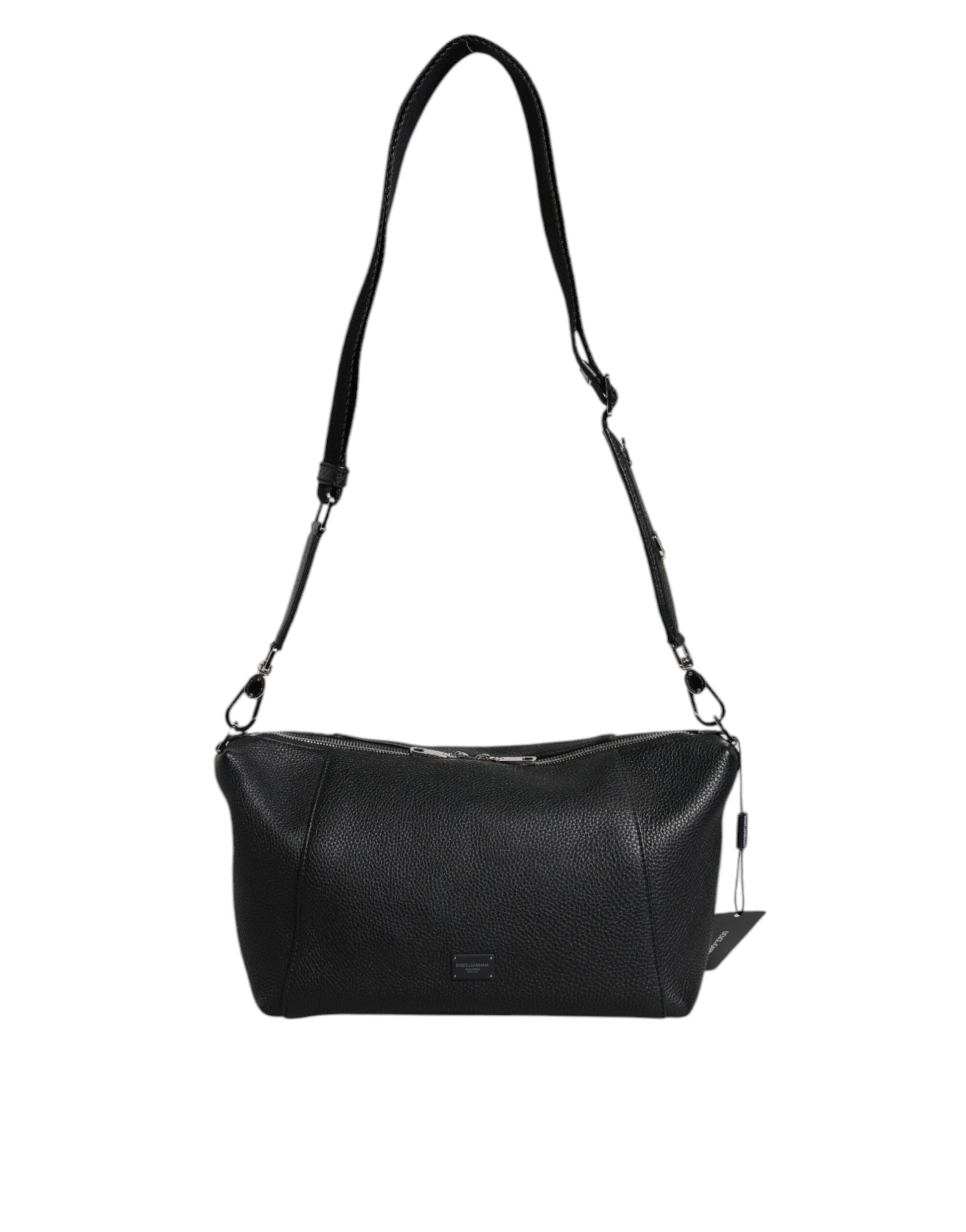 Dolce & Gabbana Black Leather Logo Plaque Shoulder Crossbody Bag