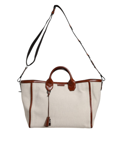 Dolce & Gabbana Beige Brown Cotton Leather Duffle Shoulder Bag