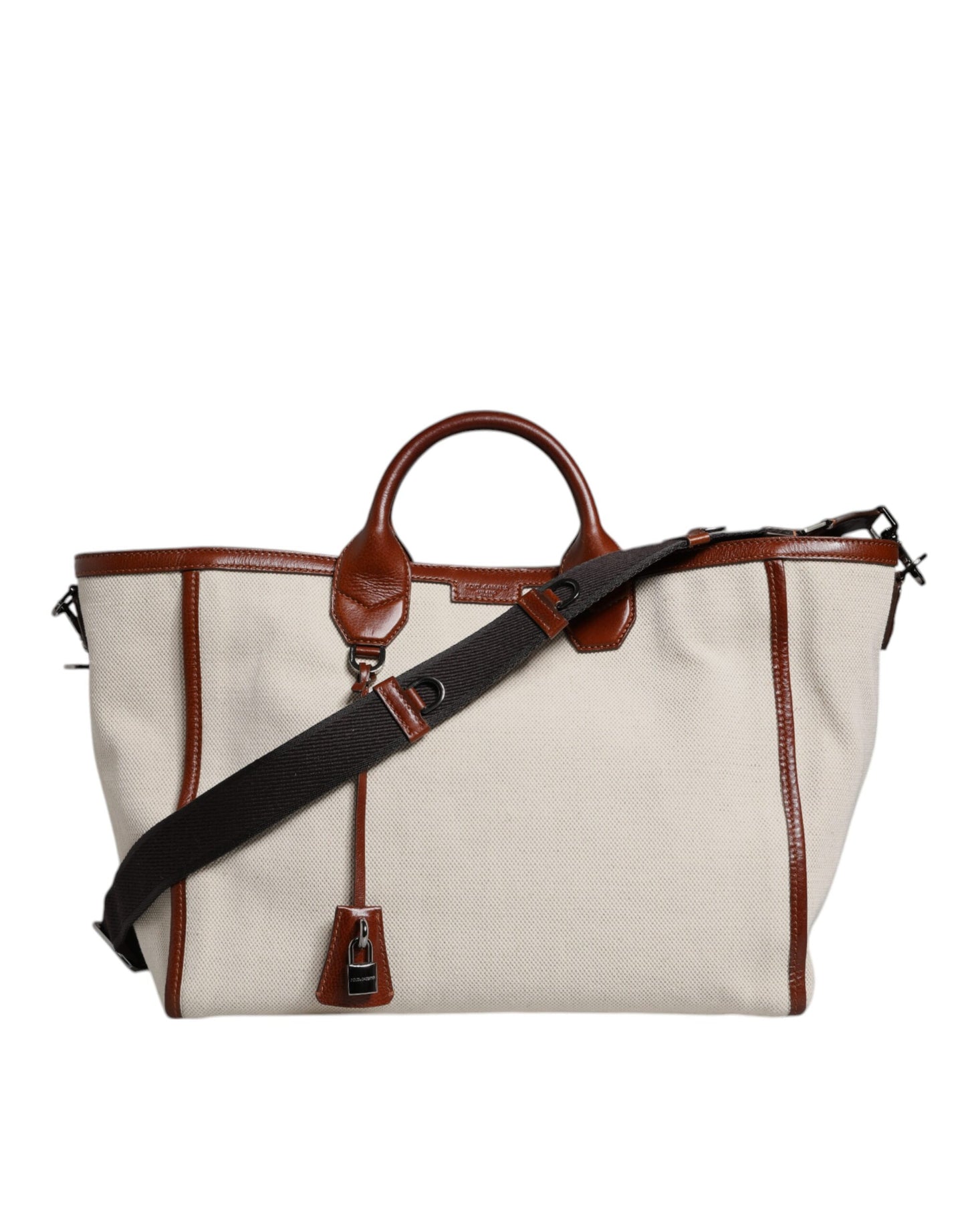 Dolce & Gabbana Beige Brown Cotton Leather Duffle Shoulder Bag