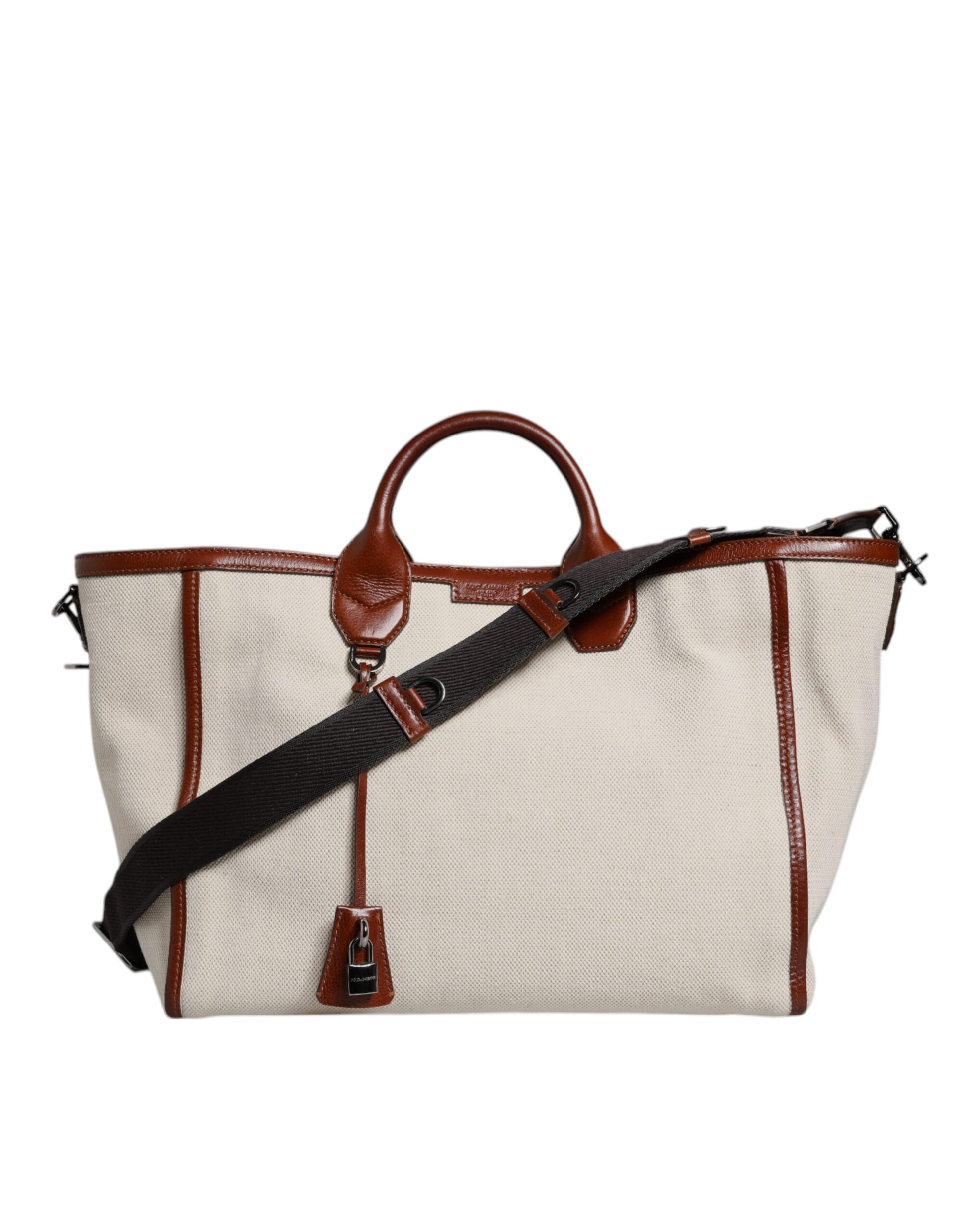 Dolce & Gabbana Beige Brown Cotton Leather Duffle Shoulder Bag