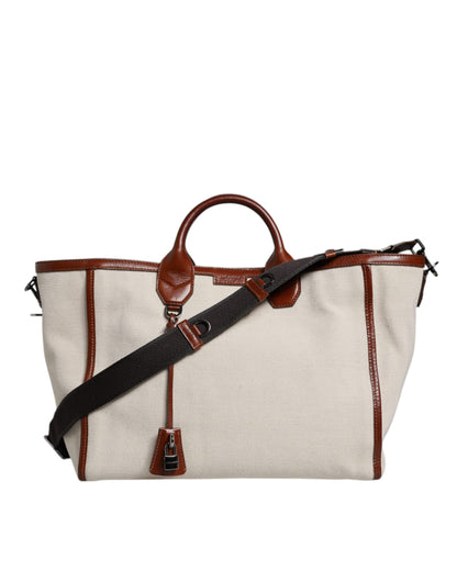 Dolce & Gabbana Beige Brown Cotton Leather Duffle Shoulder Bag