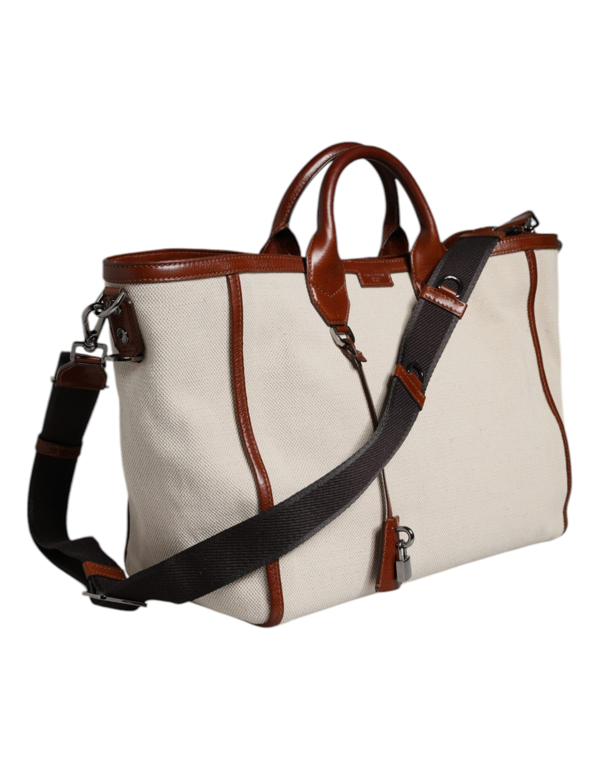 Dolce & Gabbana Beige Brown Cotton Leather Duffle Shoulder Bag