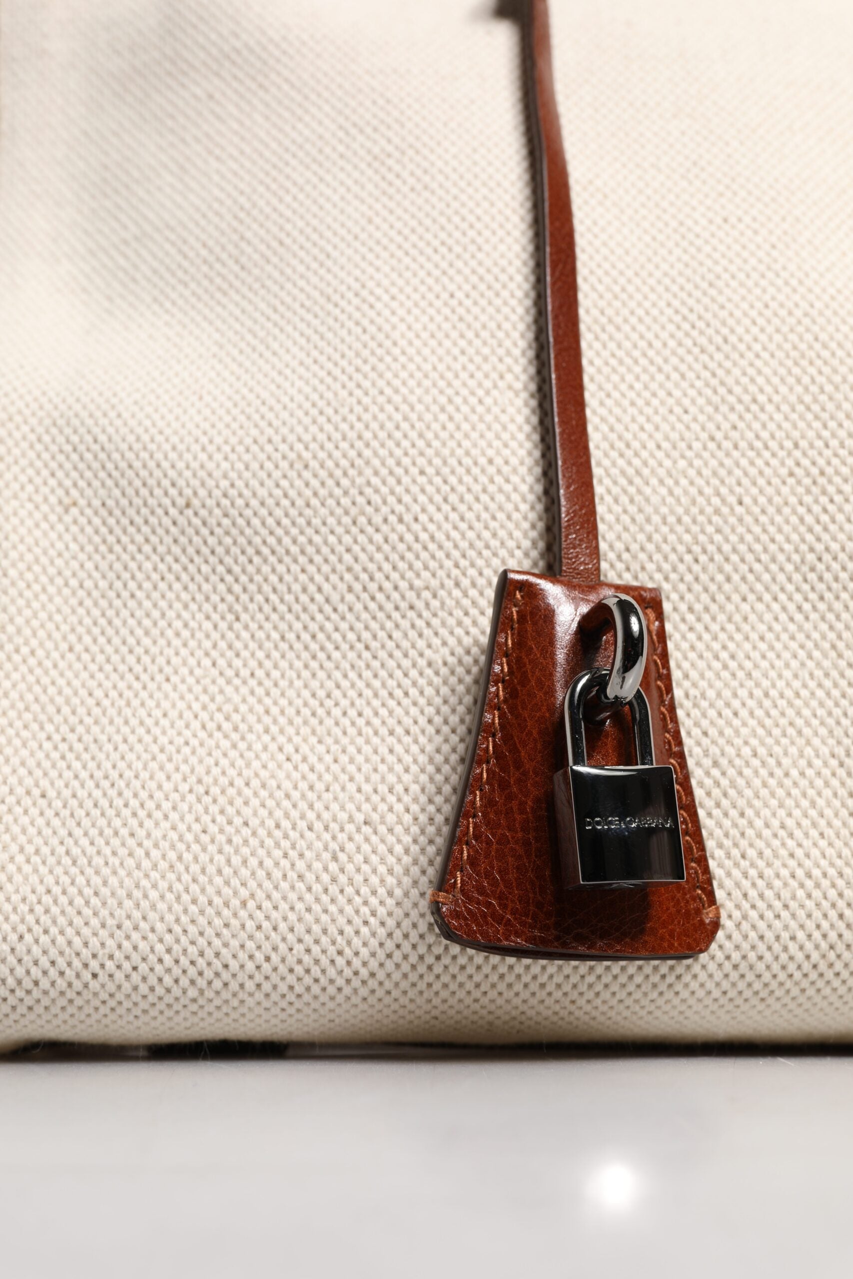 Dolce & Gabbana Beige Brown Cotton Leather Duffle Shoulder Bag