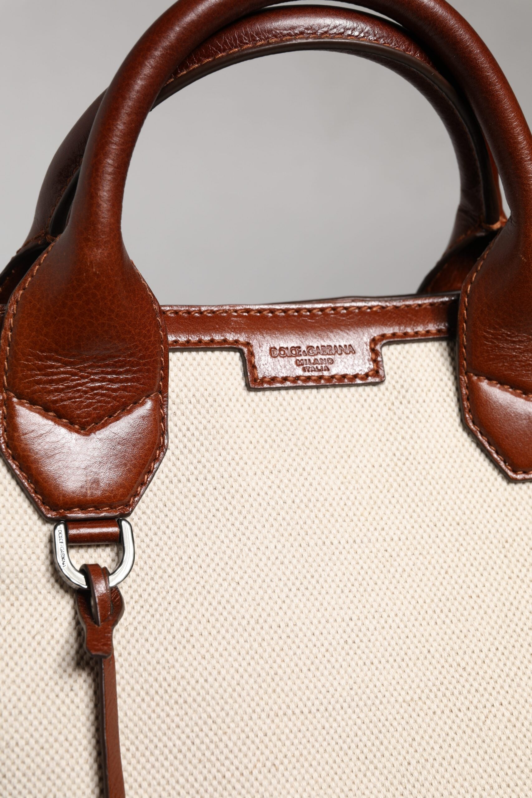 Dolce & Gabbana Beige Brown Cotton Leather Duffle Shoulder Bag