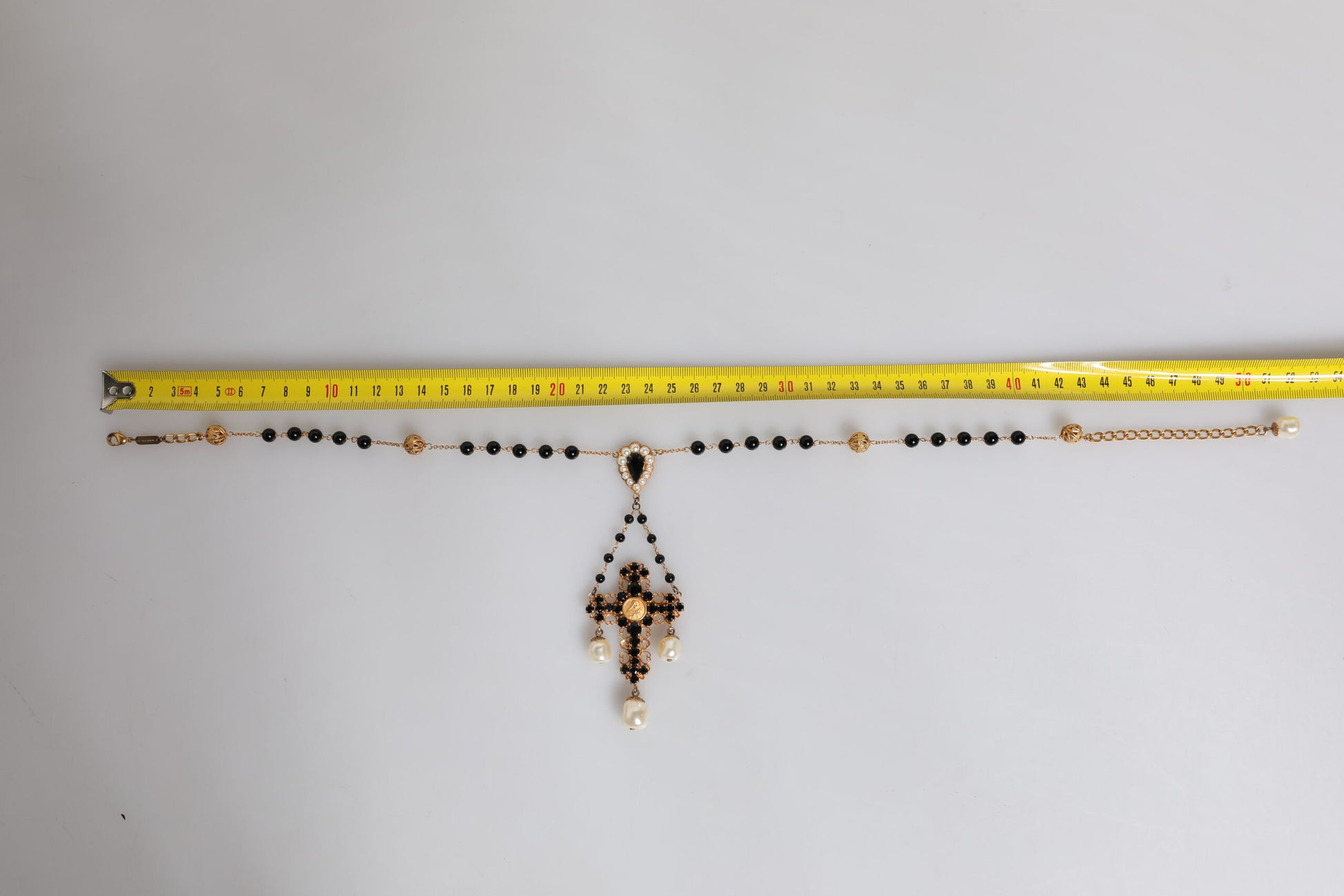 Dolce & Gabbana Gold Brass Black Beaded Chain Rosary Pendant Necklace