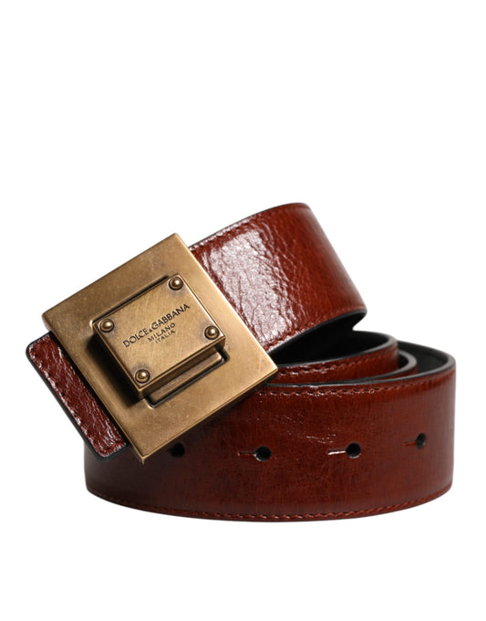 Dolce & Gabbana Dark Brown Leather Gold Metal Buckle Belt