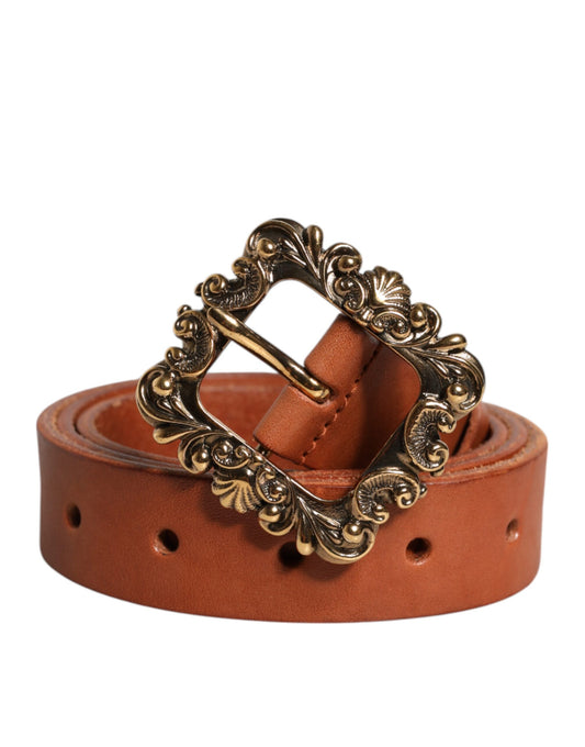 Dolce & Gabbana Brown Leather Gold Metal Baroque Buckle Belt