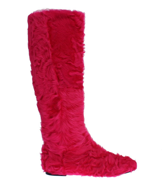Dolce & Gabbana Elegant Pink Lambskin Fur Boots with Gold Metal Details