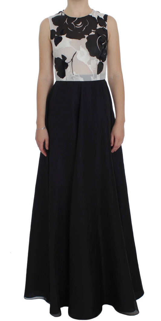 Dolce & Gabbana Elegant Floral Silk Full Length Dress in Black and White