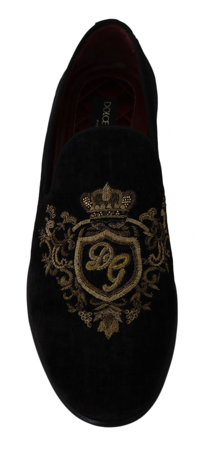 Luxurious Italian-crafted loafers with regal gold crown embroidery