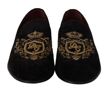 Sleek black loafers with striking gold crown embroidery from Dolce & Gabbana