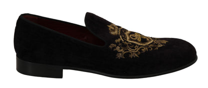 Dolce & Gabbana Elegant Black Loafers with Gold Crown Embroidery in Italy