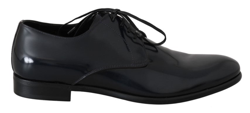 Dolce & Gabbana Elegant Dark Blue Leather Derby Shoes with logo details 