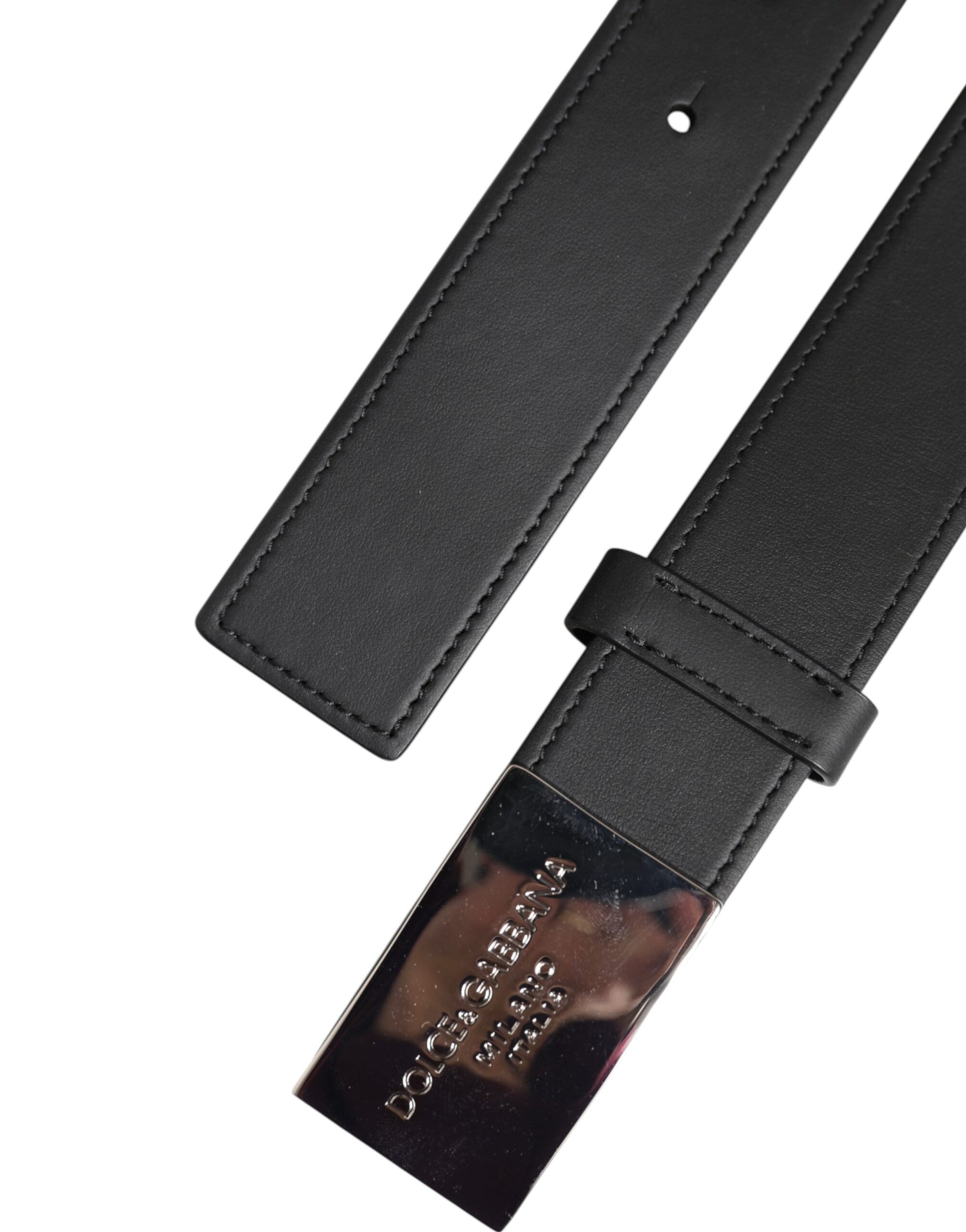 Dolce & Gabbana Black Leather Silver Metal Logo Buckle Belt