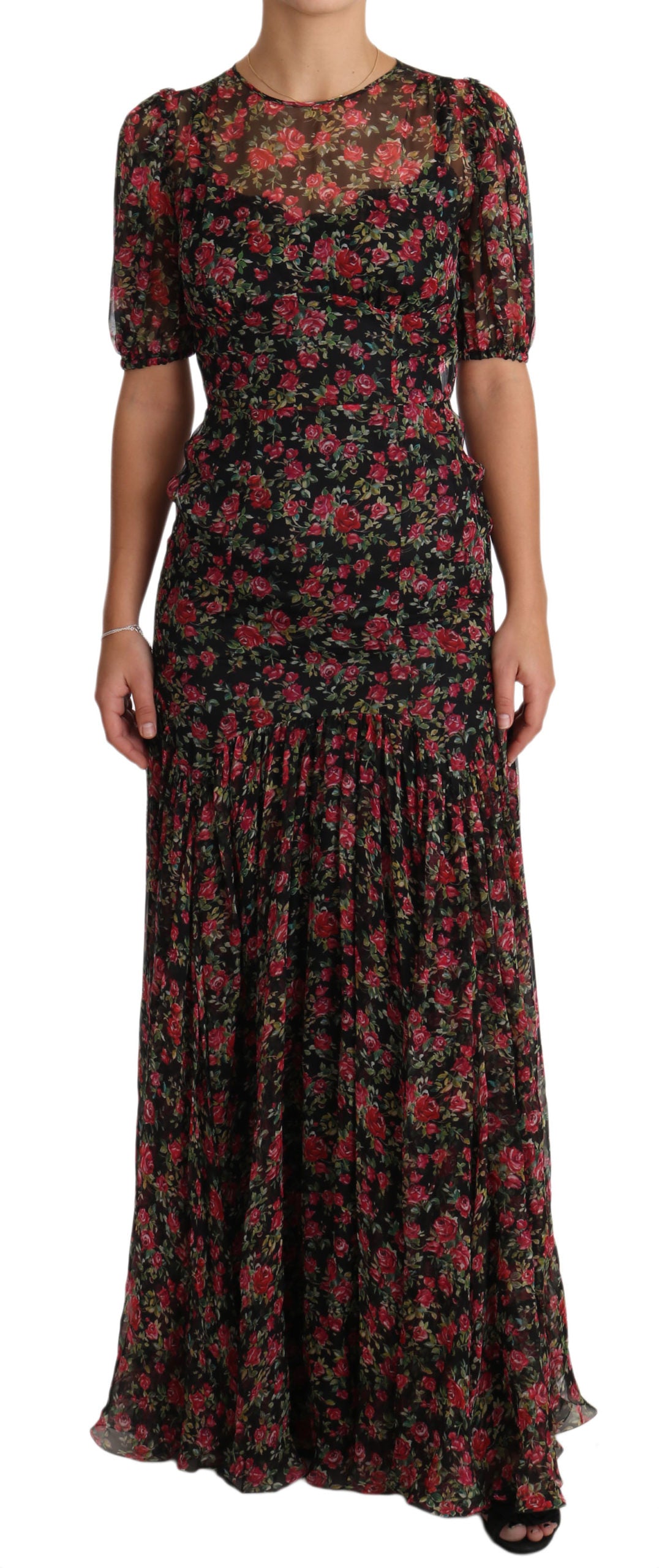 Dolce & Gabbana Elegant Black Silk Floral A-Line Gown with red floral Roses design