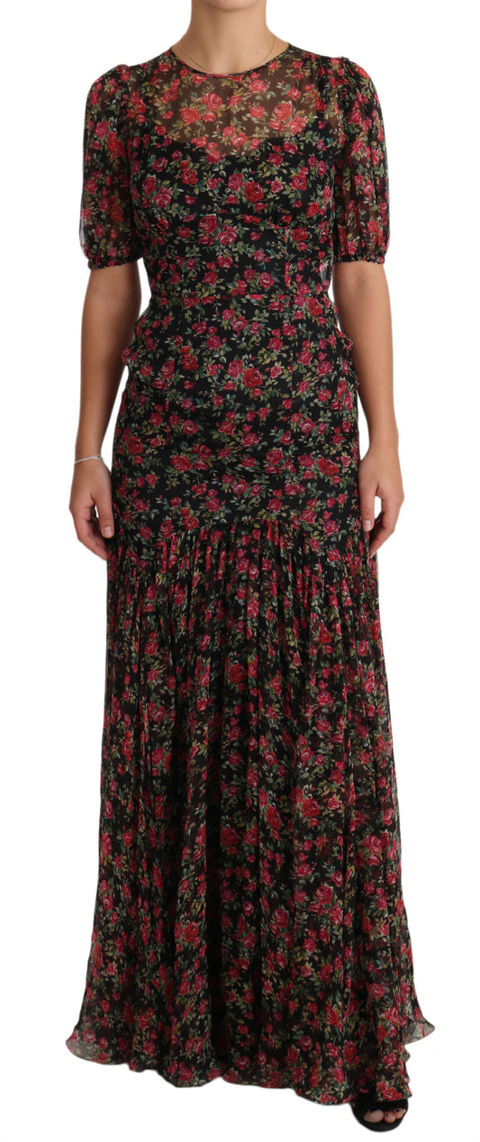 Dolce & Gabbana Elegant Black Silk Floral A-Line Gown with red floral Roses design