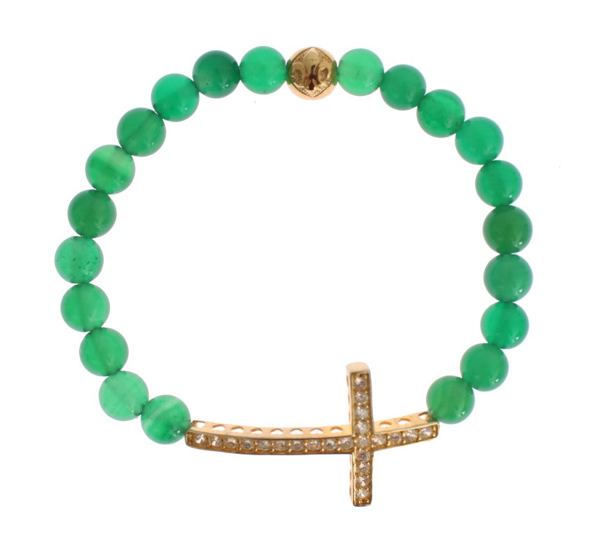 Exquisite Nialaya bracelet with green Jade beads and CZ Diamond cross