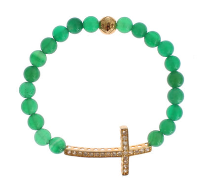 Exquisite Nialaya bracelet with green Jade beads and CZ Diamond cross