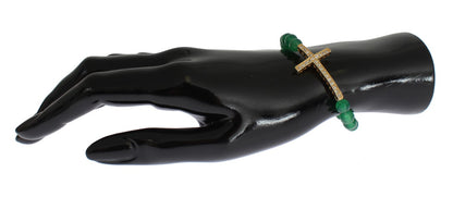 Gold-plated 925 Sterling Silver Nialaya bracelet with luscious green Jade beads and a CZ Diamond cross
