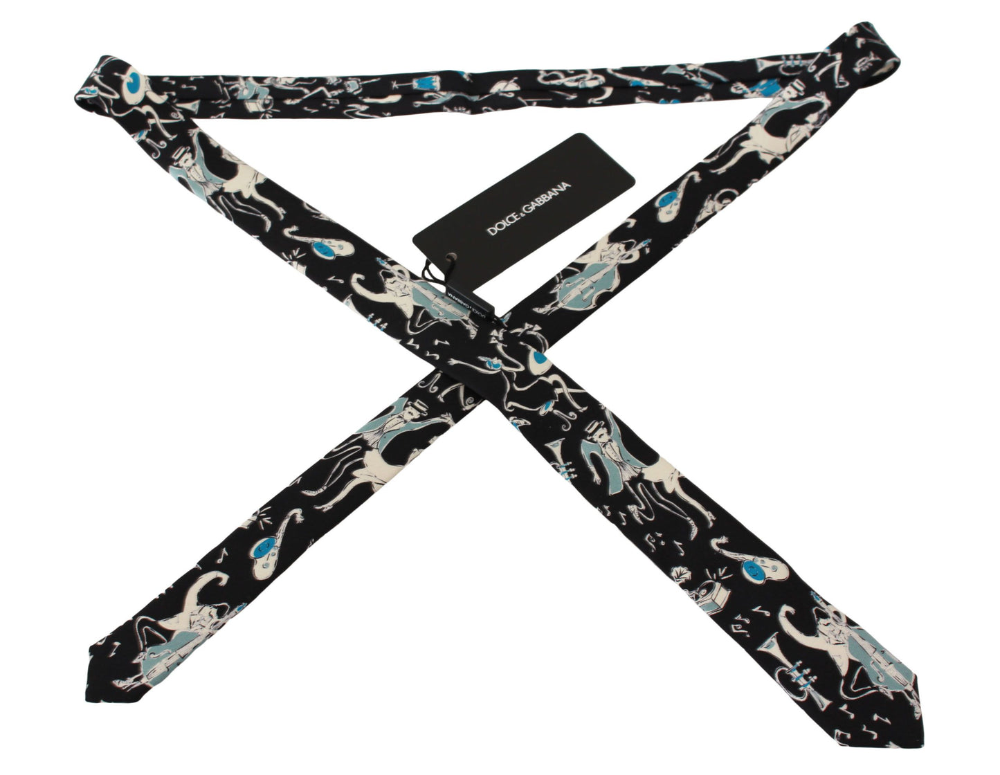 Luxurious Dolce & Gabbana black neck tie with refined music instrument print, the epitome of luxury and style Made in Italy from 100% silk, adding a touch of sophistication and elegance to your formal wear