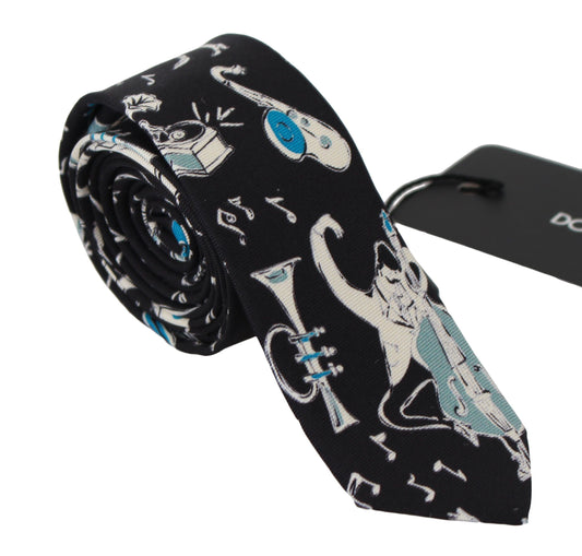 Dolce & Gabbana Elegant Black Music Pattern Silk Neck Tie, perfect for adding a touch of sophistication and style to your formal wear Made from 100% authentic silk, this tie is a must-have accessory for any fashion-conscious individual