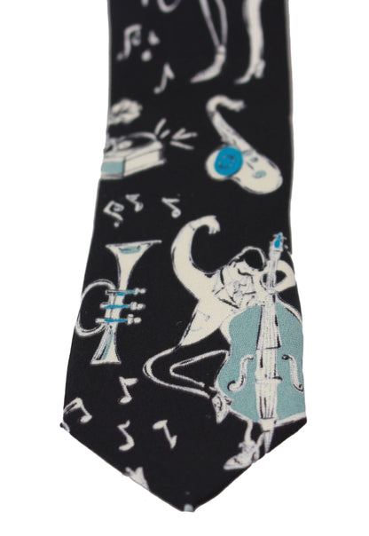 Elegant and stylish Dolce & Gabbana black silk neck tie featuring a refined music instrument print Made in Italy, this 4 cm wide tie is the perfect accessory for adding a touch of sophistication to your formal attire