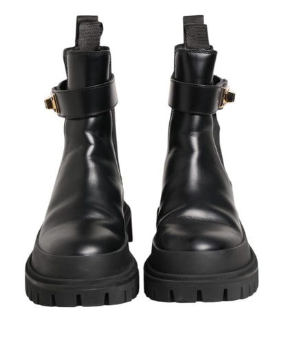 Dolce & Gabbana Black Calfskin DG Logo Strap Ankle Boots Shoes