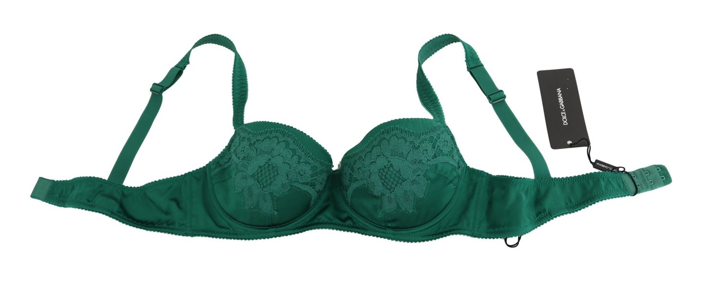 Opulent green floral lace silk bra with iconic Dolce & Gabbana logo