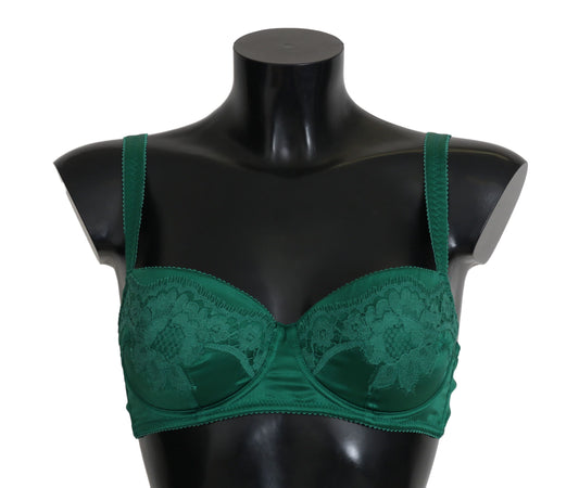 Exquisite green floral lace balconette bra with stretch silk material