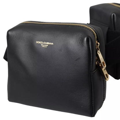 Dolce & Gabbana Black Calfskin Leather Double Waist Belt Fanny Pack Bag