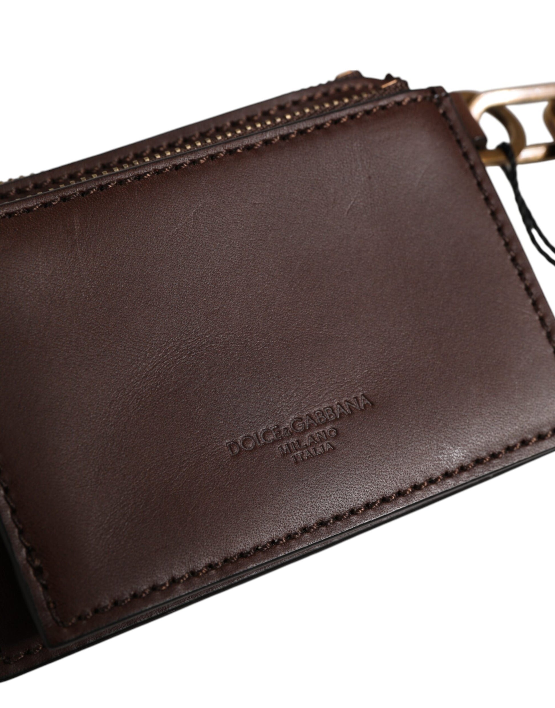 Dolce & Gabbana Brown Calf Leather Zip Logo Keyring Coin Purse Men Wallet